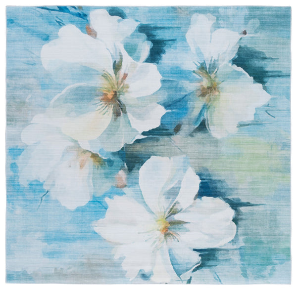Safavieh Malibu Contemporary Area Rug - Durable, Washable, Slip-resistant Floral Design For Modern Spaces Light Blue ,Ivory Polyester Pile Mbu851l-6sq