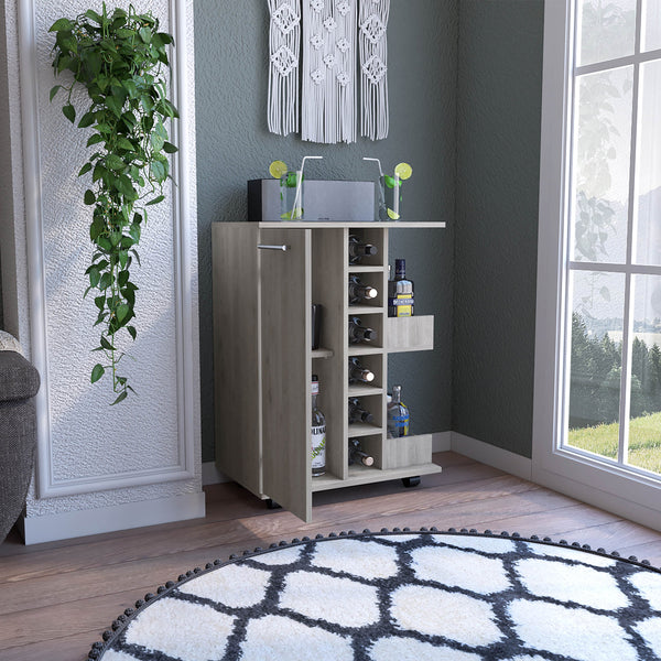 English Elm Bar Cart with Wine Cubbies Open Shelves Locking Casters and Cabinet Storage B07091826