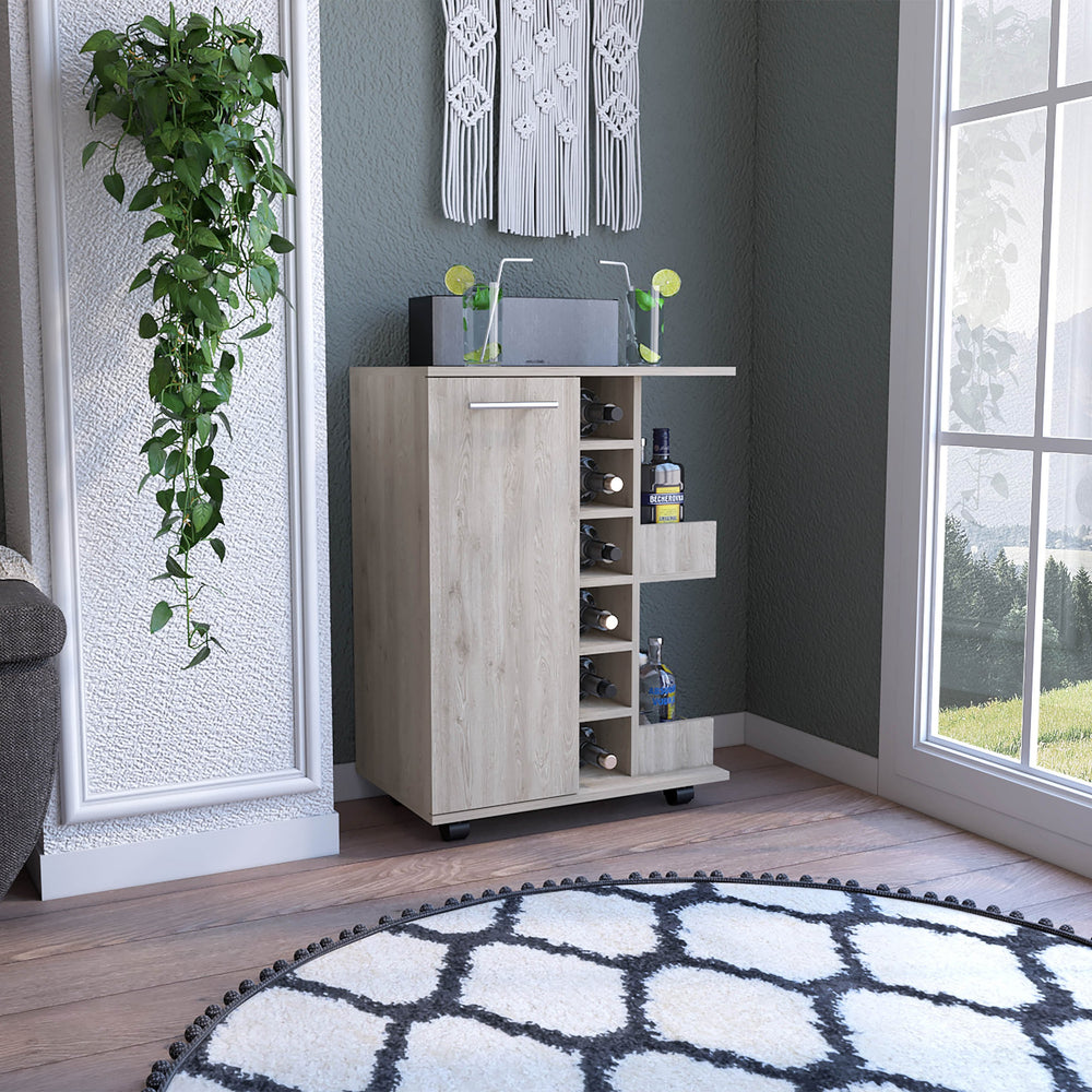English Elm Bar Cart with Wine Cubbies Open Shelves Locking Casters and Cabinet Storage B07091826