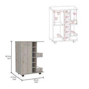 English Elm Bar Cart with Wine Rack Cabinet Open Shelves and Locking Casters for Home Entertaining B20091826