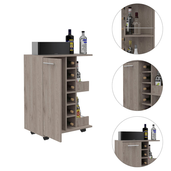English Elm Bar Cart with Wine Rack Cabinet Open Shelves and Locking Casters for Home Entertaining B20091826
