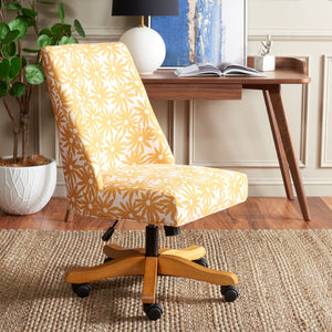 Safavieh Scarlet Desk Chair - Glamorous Leopard Print Upholstered Office Chair With Rolling Espresso Base Yellow Flower MCR1028E