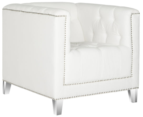 Safavieh Hollywood Glam Tufted Accent Chair – Plush White Upholstery, Acrylic Legs & Silver Nailhead Trim MCR4212A