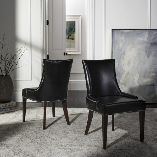 Safavieh Becca 19''H Leather Dining Chair - Elegant Black Upholstery With Silver Nail Heads & Birch Wood Legs MCR4502C
