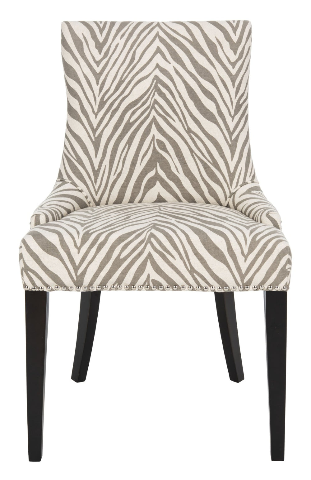 Safavieh Becca Grey And Ivory Zebra Dining Chair With High Back, Sloped Arms, And Silver Nail-Head Trim MCR4502N