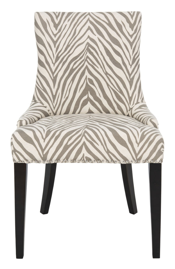 Safavieh Becca Grey And Ivory Zebra Dining Chair With High Back, Sloped Arms, And Silver Nail-Head Trim MCR4502N