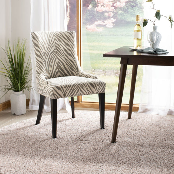 Safavieh Becca Grey And Ivory Zebra Dining Chair With High Back, Sloped Arms, And Silver Nail-Head Trim MCR4502N