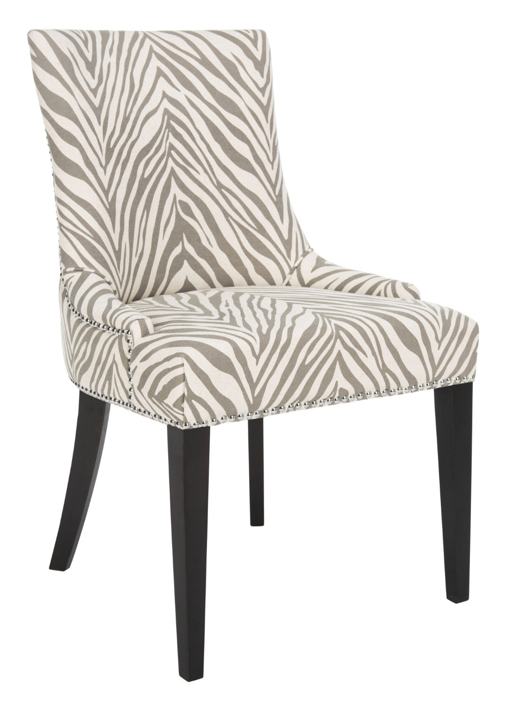 Safavieh Becca Grey And Ivory Zebra Dining Chair With High Back, Sloped Arms, And Silver Nail-Head Trim MCR4502N