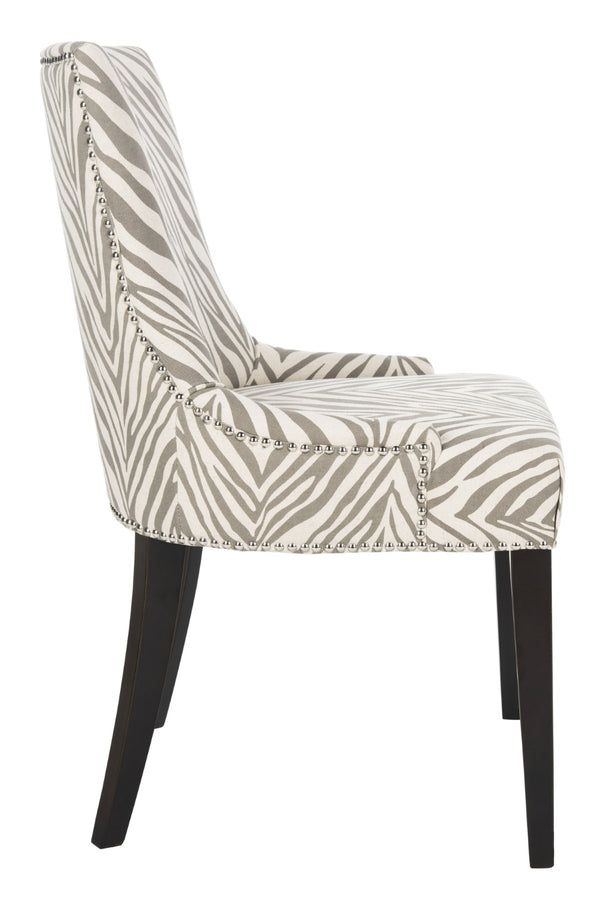 Safavieh Becca Grey And Ivory Zebra Dining Chair With High Back, Sloped Arms, And Silver Nail-Head Trim MCR4502N