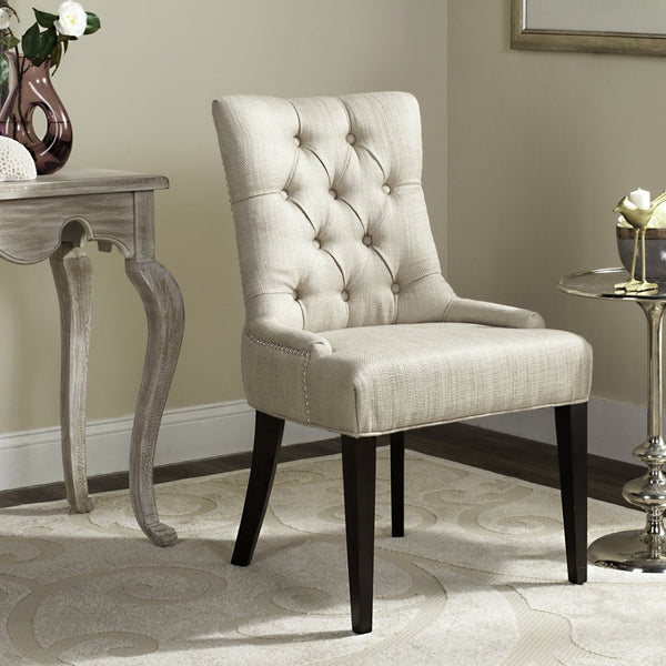 Safavieh Amanda Elegant 19''H Tufted Linen Chair With Nickel Nail Heads & Espresso Birch Legs For Dining Decor MCR4515D