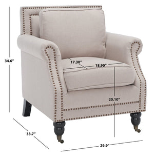 Safavieh Karsen Elegant Club Chair With Brass Nailheads – Plush Taupe Upholstery & Dark Cherry Legs For Style MCR4534A