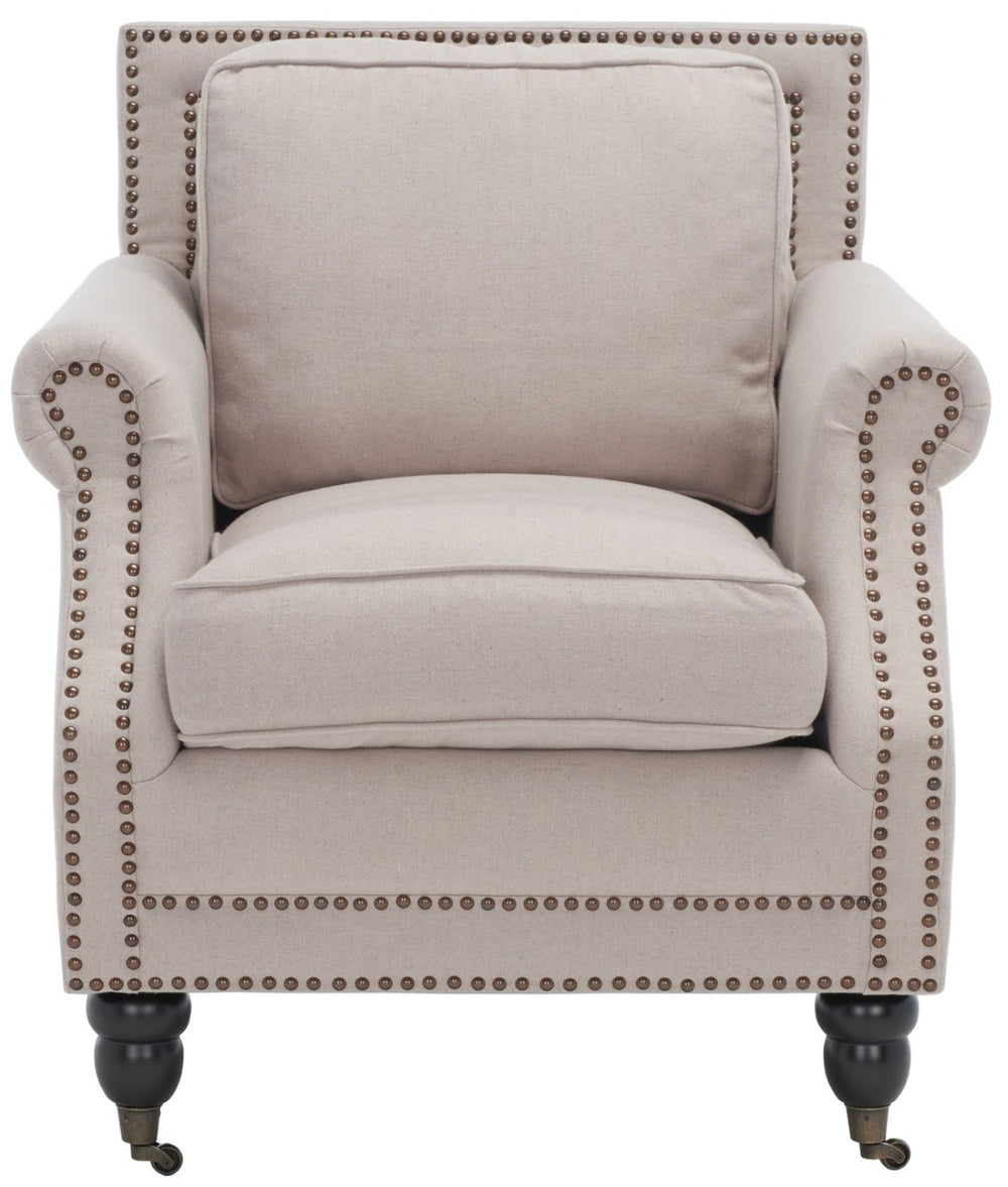 Safavieh Karsen Elegant Club Chair With Brass Nailheads – Plush Taupe Upholstery & Dark Cherry Legs For Style MCR4534A