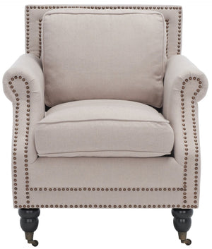 Safavieh Karsen Elegant Club Chair With Brass Nailheads – Plush Taupe Upholstery & Dark Cherry Legs For Style MCR4534A