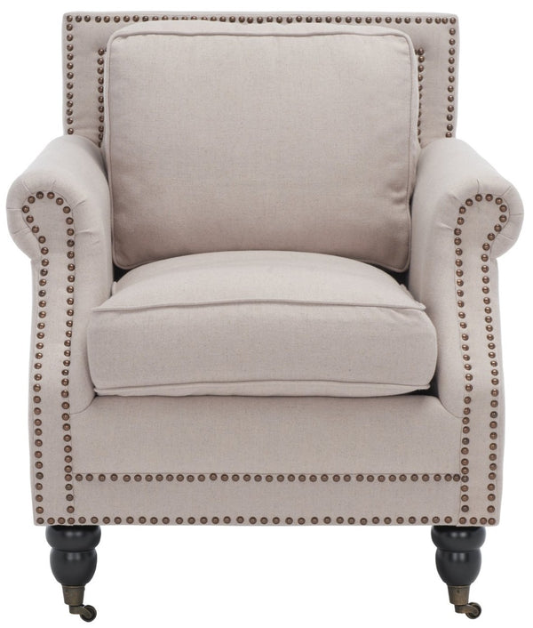 Safavieh Karsen Elegant Club Chair With Brass Nailheads – Plush Taupe Upholstery & Dark Cherry Legs For Style MCR4534A