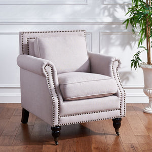 Safavieh Karsen Elegant Club Chair With Brass Nailheads – Plush Taupe Upholstery & Dark Cherry Legs For Style MCR4534A