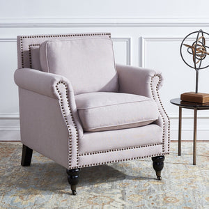 Safavieh Karsen Elegant Club Chair With Brass Nailheads – Plush Taupe Upholstery & Dark Cherry Legs For Style MCR4534A