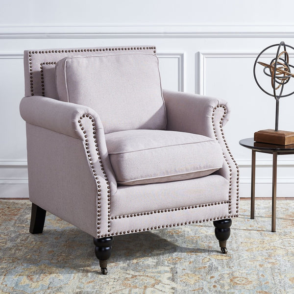 Safavieh Karsen Elegant Club Chair With Brass Nailheads – Plush Taupe Upholstery & Dark Cherry Legs For Style MCR4534A