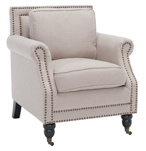 Safavieh Karsen Elegant Club Chair With Brass Nailheads – Plush Taupe Upholstery & Dark Cherry Legs For Style MCR4534A