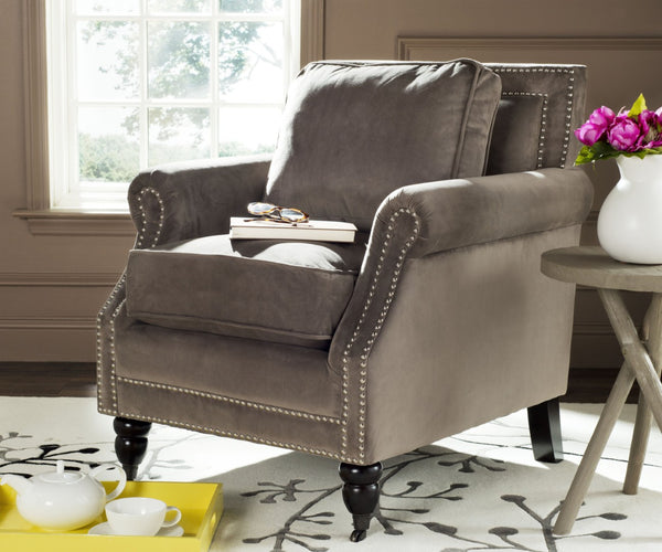 Safavieh Karsen Club Chair - Elegant Roll-Arm Accent With Silver Nailhead Trim And Plush Cushions For Comfort Mushroom MCR4534B