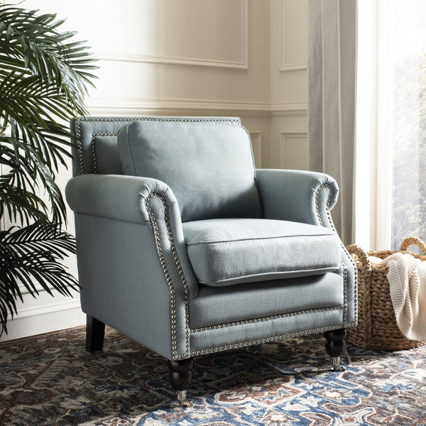 Safavieh Karsen Club Chair - Elegant Roll-Arm Accent With Silver Nailhead Trim And Plush Cushions For Comfort Sky Blue MCR4534C