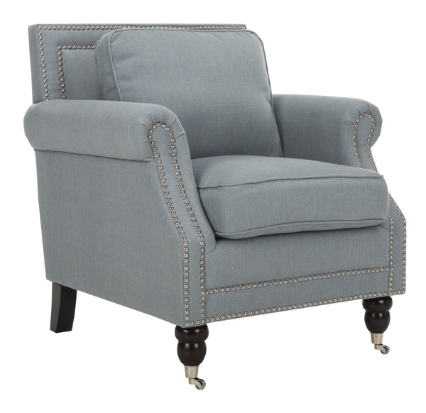 Safavieh Karsen Club Chair - Elegant Roll-Arm Accent With Silver Nailhead Trim And Plush Cushions For Comfort Sky Blue MCR4534C