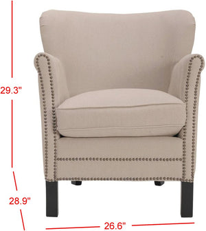 Safavieh Jenny Arm Chair In Taupe Linen With Brass Nailheads – Elegant Accent For Living Rooms & Bedrooms MCR4543B
