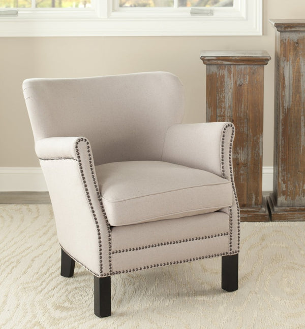Safavieh Jenny Arm Chair In Taupe Linen With Brass Nailheads – Elegant Accent For Living Rooms & Bedrooms MCR4543B