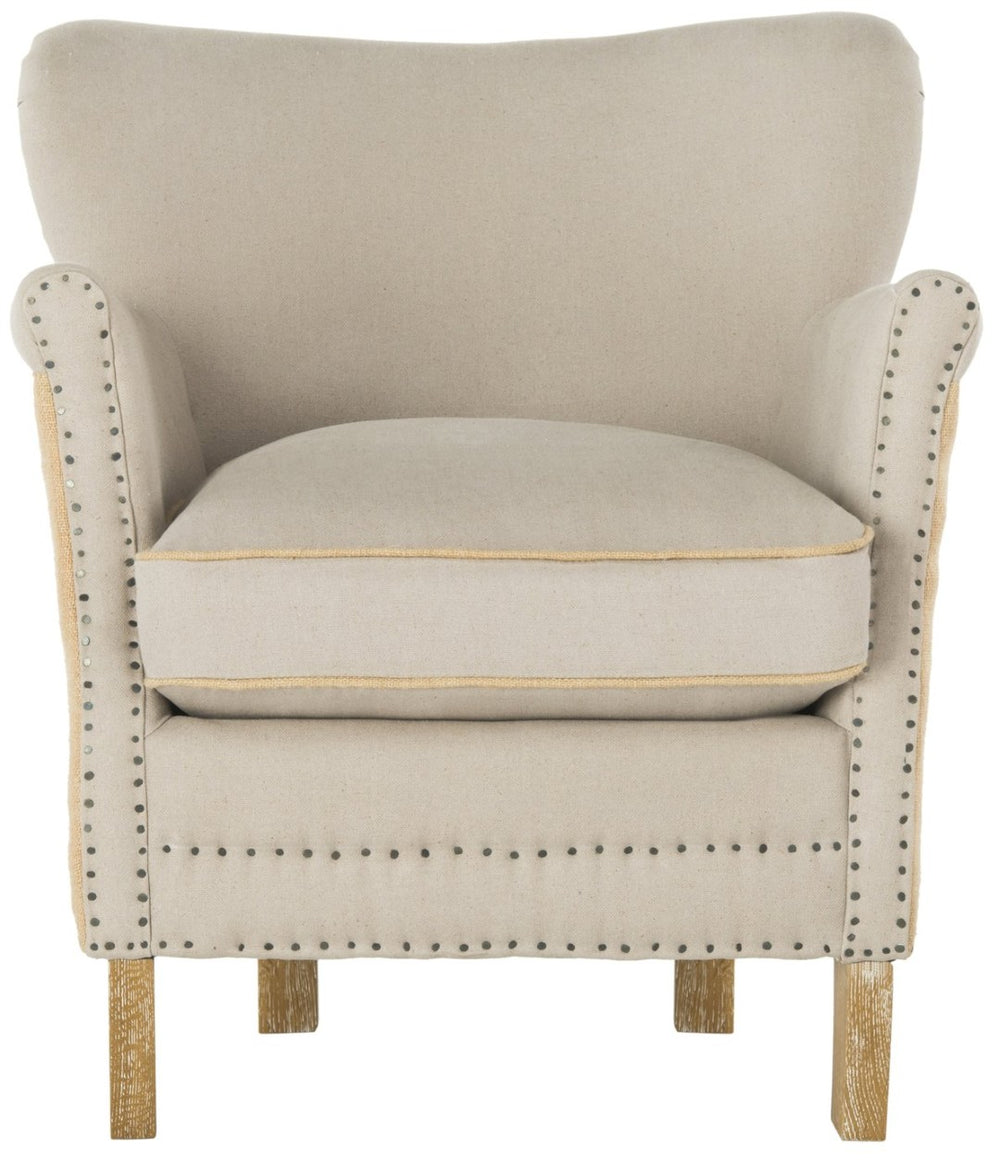 Safavieh Jenny Two-Toned Wing-Back Arm Chair With Black Nail Heads & White-Washed Birch Legs For Modern Homes MCR4543F