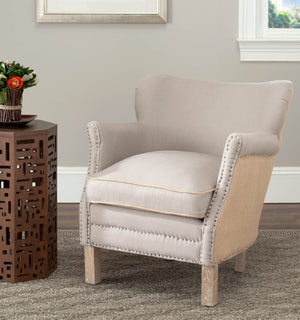 Safavieh Jenny Two-Toned Wing-Back Arm Chair With Black Nail Heads & White-Washed Birch Legs For Modern Homes MCR4543F
