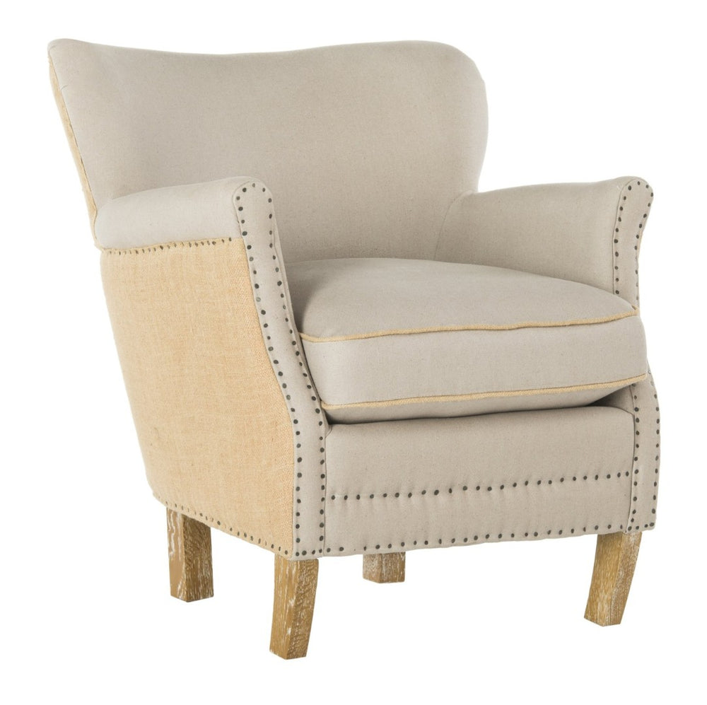 Safavieh Jenny Two-Toned Wing-Back Arm Chair With Black Nail Heads & White-Washed Birch Legs For Modern Homes MCR4543F