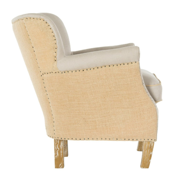 Safavieh Jenny Two-Toned Wing-Back Arm Chair With Black Nail Heads & White-Washed Birch Legs For Modern Homes MCR4543F