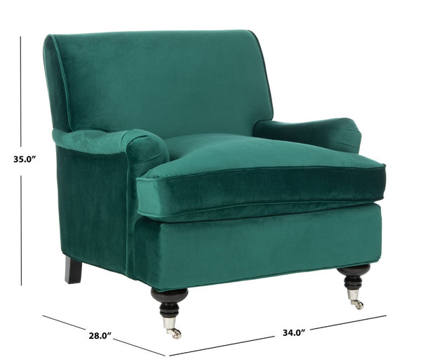 Safavieh Chloe Club Chair - Elegant Upholstered Accent With Birchwood Legs And Casters For Versatile Living Spaces Emerald MCR4571P