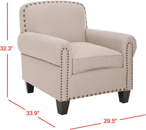 Safavieh Abigail Club Chair – Elegant Taupe Linen, Brass Nail Heads, Plush Comfort For Stylish Living Spaces MCR4573A