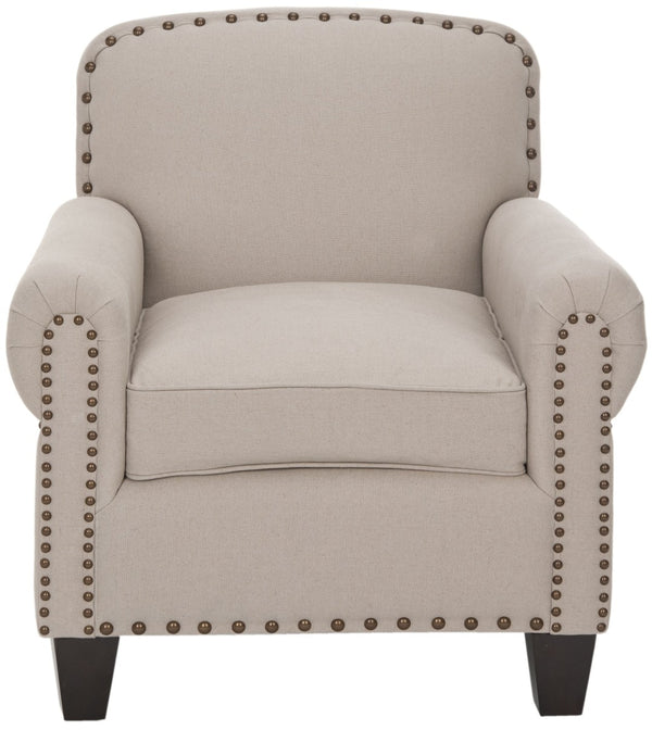 Safavieh Abigail Club Chair – Elegant Taupe Linen, Brass Nail Heads, Plush Comfort For Stylish Living Spaces MCR4573A