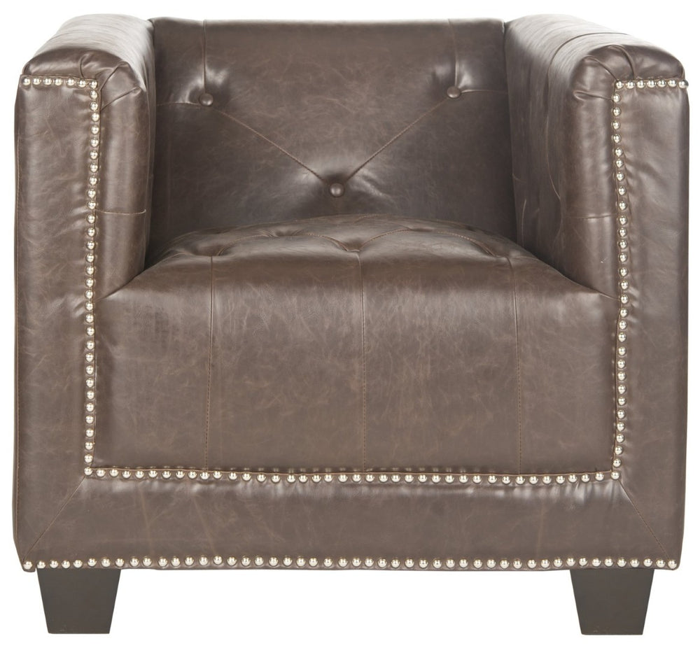 Safavieh Bentley Club Chair - Art Deco Elegance With Silver Nail Heads & Antique Brown Faux Leather Upholstery MCR4574D