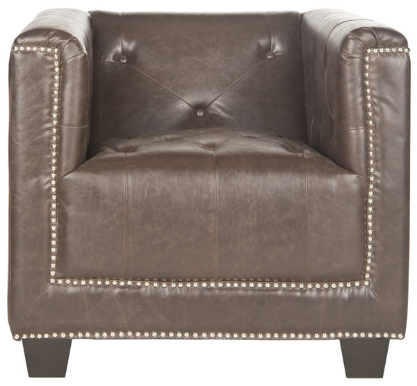Safavieh Bentley Club Chair - Art Deco Elegance With Silver Nail Heads & Antique Brown Faux Leather Upholstery MCR4574D