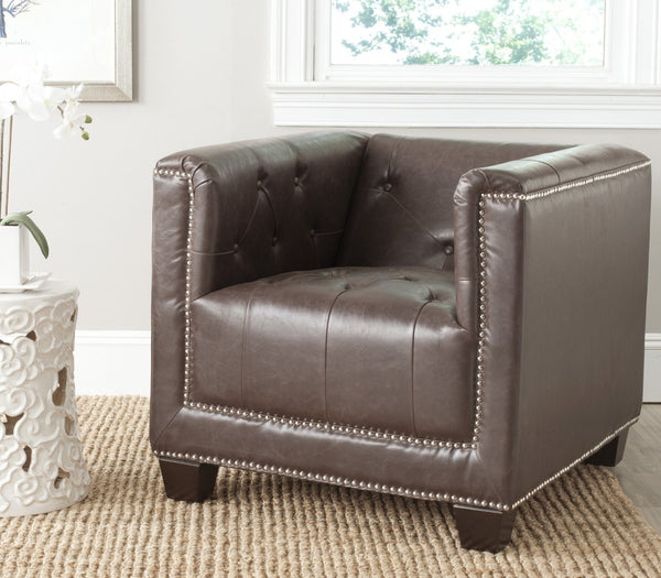 Safavieh Bentley Club Chair - Art Deco Elegance With Silver Nail Heads & Antique Brown Faux Leather Upholstery MCR4574D