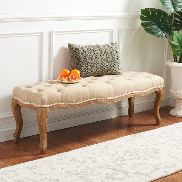 Safavieh Ramsey Country French Bench With Pickled Oak Finish & Wheat-Beige Linen, Stylish Accent Seating MCR4577A