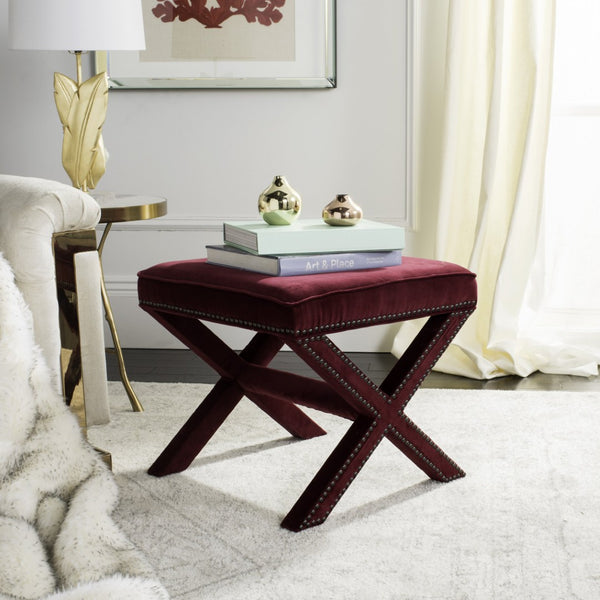 Safavieh Palmer Ottoman – Luxurious Red Velvet With Brass Nail Heads, Versatile Accent For Any Space MCR4589X