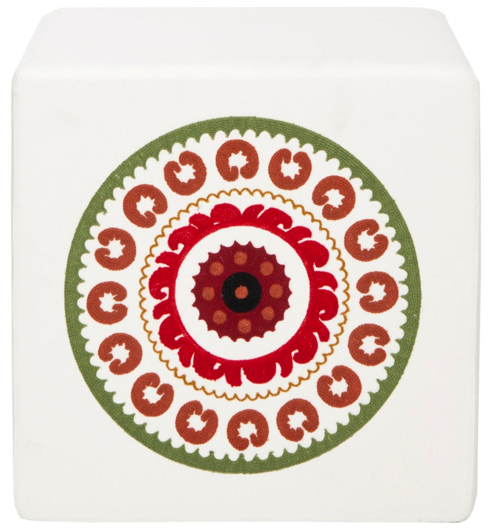 Safavieh Alicia Contemporary Suzani Ottoman - Versatile Accent Seating, Bold Mosaic Design For Modern Spaces MCR4590A
