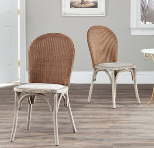 Safavieh KIONI Side Chair in Taupe Linen - Modern Café Style with Woven Wicker Back & Pickled Oak Frame MCR4599A-SET2