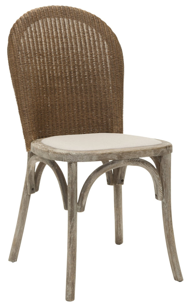 Safavieh KIONI Side Chair in Taupe Linen - Modern Café Style with Woven Wicker Back & Pickled Oak Frame MCR4599A-SET2