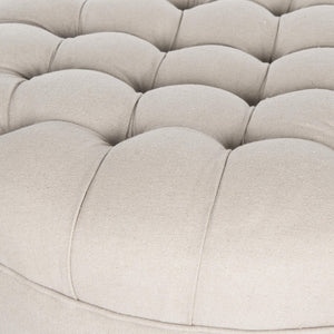 Safavieh Clara Tufted Round Ottoman - Elegant Linen Seat With Solid Wood Base And Smooth-Rolling Casters Taupe MCR4601A