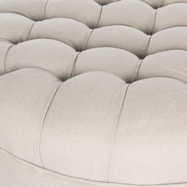 Safavieh Clara Tufted Round Ottoman - Elegant Linen Seat With Solid Wood Base And Smooth-Rolling Casters Taupe MCR4601A