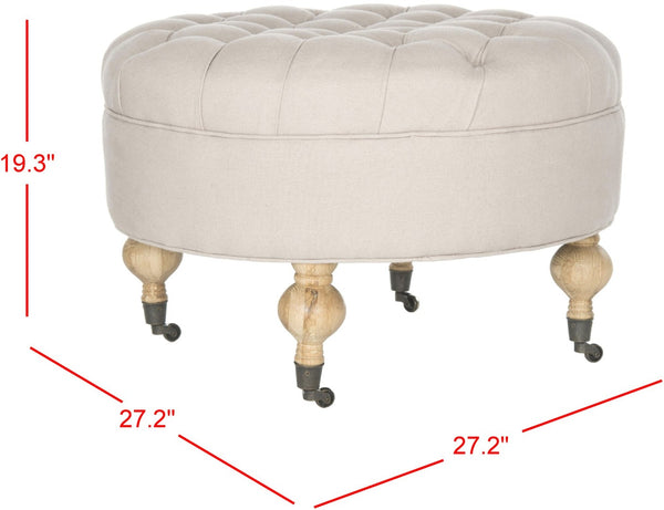 Safavieh Clara Tufted Round Ottoman - Elegant Linen Seat With Solid Wood Base And Smooth-Rolling Casters Taupe MCR4601A