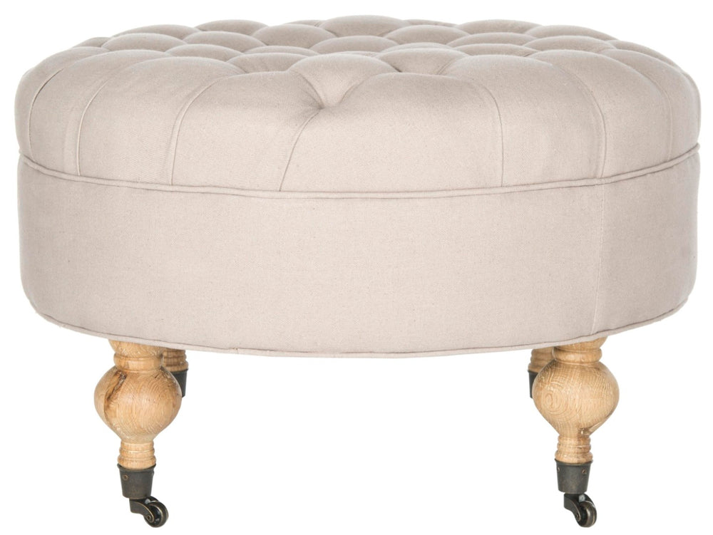 Safavieh Clara Tufted Round Ottoman - Elegant Linen Seat With Solid Wood Base And Smooth-Rolling Casters Taupe MCR4601A