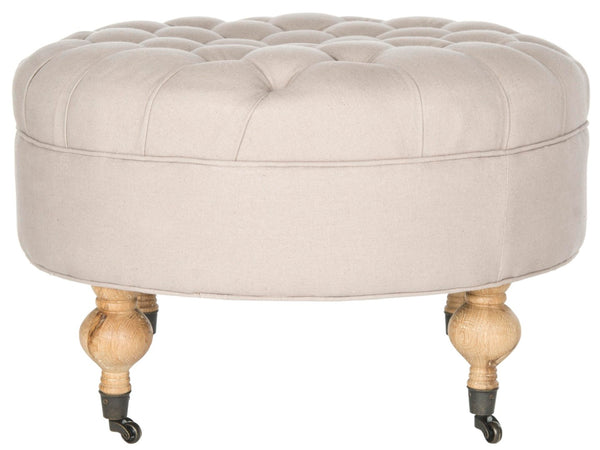 Safavieh Clara Tufted Round Ottoman - Elegant Linen Seat With Solid Wood Base And Smooth-Rolling Casters Taupe MCR4601A