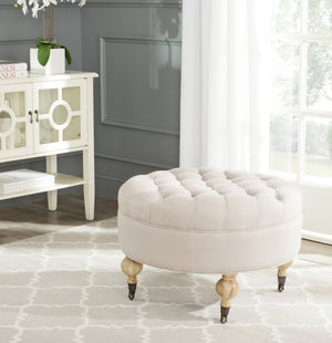 Safavieh Clara Tufted Round Ottoman - Elegant Linen Seat With Solid Wood Base And Smooth-Rolling Casters Taupe MCR4601A