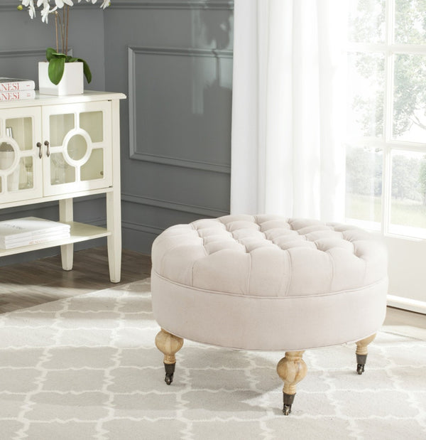 Safavieh Clara Tufted Round Ottoman - Elegant Linen Seat With Solid Wood Base And Smooth-Rolling Casters Taupe MCR4601A