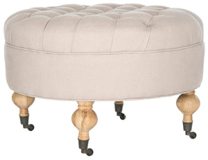 Safavieh Clara Tufted Round Ottoman - Elegant Linen Seat With Solid Wood Base And Smooth-Rolling Casters Taupe MCR4601A